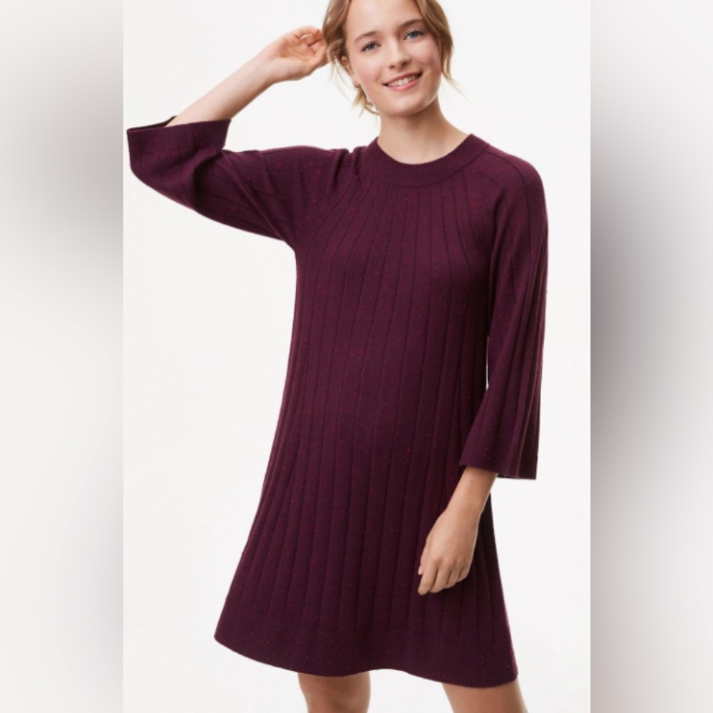 Loft 3/4 Bell Sleeve Flecked Purple Berry Ribbed Sweater Swing Dress Size Small